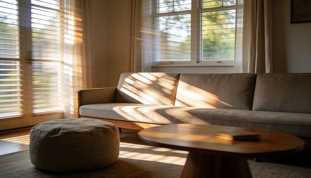 Beige sofa bathing in golden sunlight through plantation blinds in midcentury living room