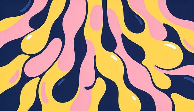 Vibrant biomorphic drops flowing in lemon yellow and soft pink on deep navy seamless tile