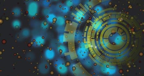 Futuristic HUD with Concentric Rings, Radial Bars, Neon Bokeh and Floating Spheres