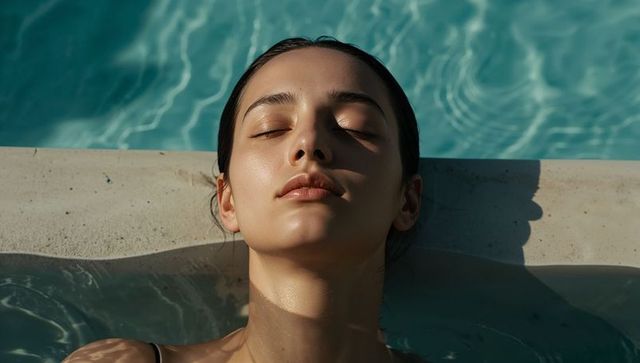 Serene woman relaxing on pool edge with turquoise caustic ripples and sunlit shadows