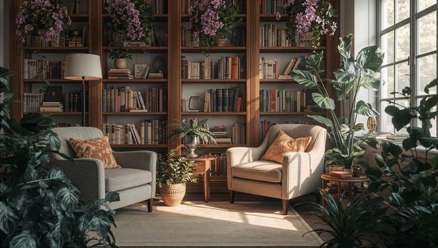 Cozy library reading nook with armchairs, bookshelves and sunlight-filled indoor greenery