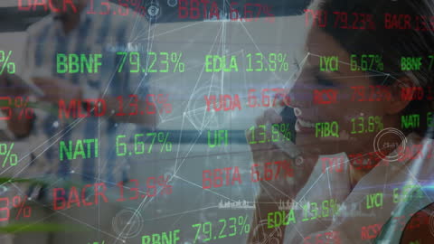 Businesswoman Analyzing Stock Market Data with High-Tech Interface Display
