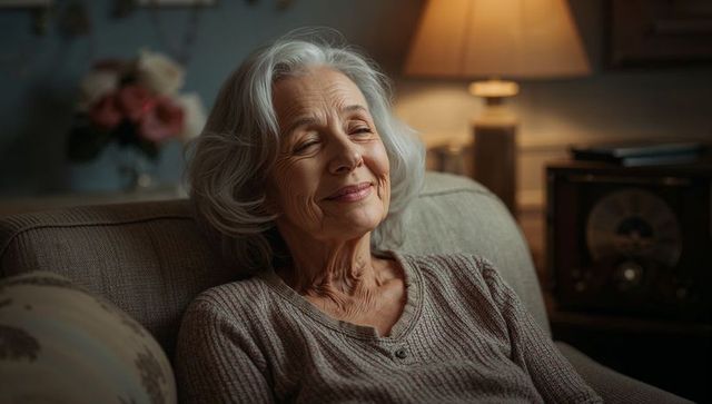 Contented senior woman relaxing on sofa in cozy living room with warm lamp and vintage radio