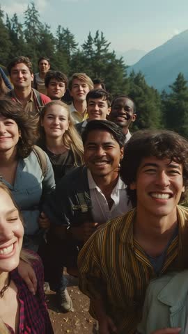 Vertical video Friends hiking and taking smartphone selfie at scenic mountain overlook