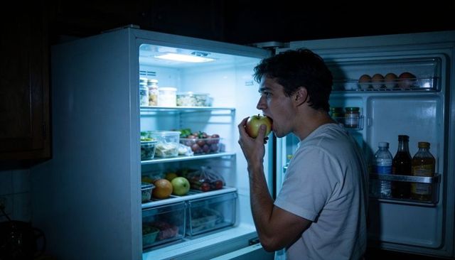 Young man grabbing midnight snack standing at open fridge biting apple under blue light