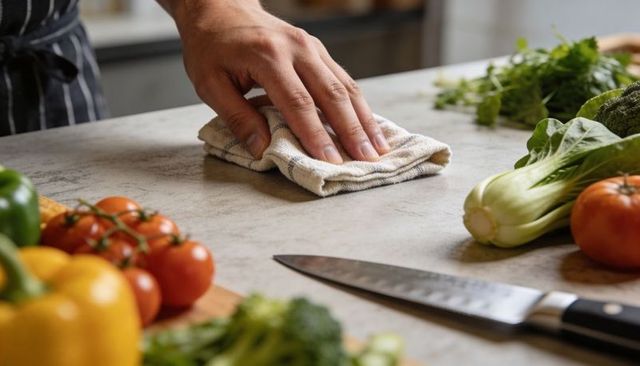 Professional chef wiping kitchen countertop with cloth surrounded by fresh vegetables