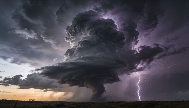 Supercell thunderstorm with rotating mesocyclone and lightning striking prairie horizon