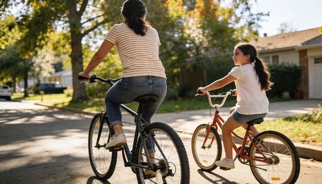 Mother and daughter riding bikes through sunlit suburban neighborhood during golden hour