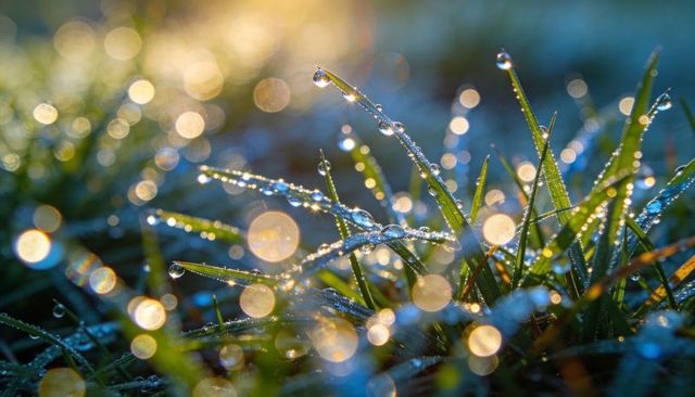 Dew-covered grass blades glowing in morning sunlight with golden bokeh droplet sparkle