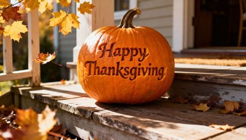 Hand-carved Pumpkin Saying Happy Thanksgiving on Rustic Porch Steps with Autumn Leaves