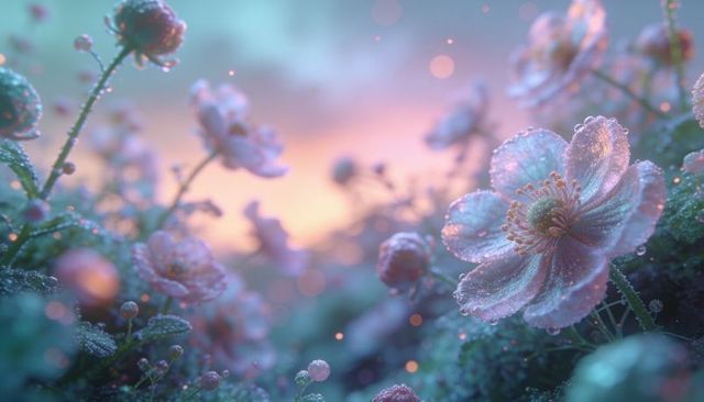 Dew-kissed pastel wildflower macro at sunrise, soft bokeh meadow, serene floral closeup