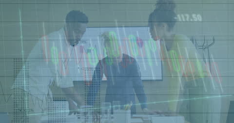 Collaborative Business Discussion with Digital Stock Data Overlay