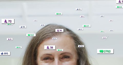 Caucasian Woman Engaging with Social Media Overlays at Home