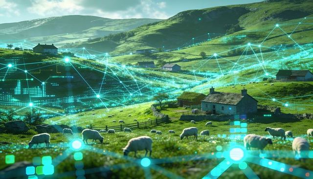 Connected pasture: smart farm network overlaying rolling green hills with grazing sheep