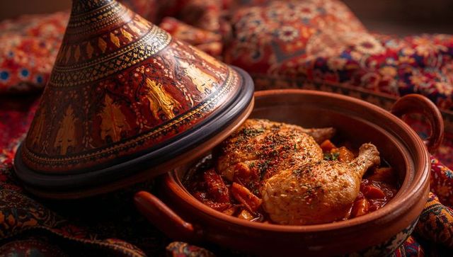 Moroccan tagine with braised chicken and spiced tomato stew on patterned textile