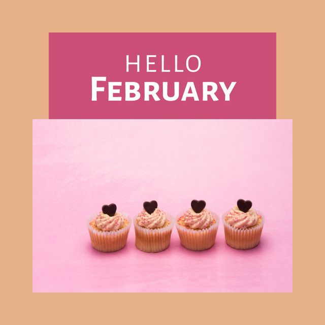 Composition of hello february text and cup cakes with hearts on pink background. Valentine's day, love, romance, february concept digitally generated image.