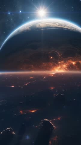 Sunflare Casting Light Across Planet Horizon with Asteroid Fragments | Vertical Space Video