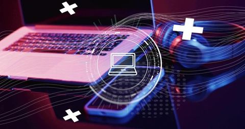 Neon tech flatlay showing laptop, smartphone and headphones with hud overlay and reflections