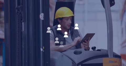 Warehouse Worker Using Tablet On Forklift with Network Icons - Download Free Stock Images Pikwizard.com
