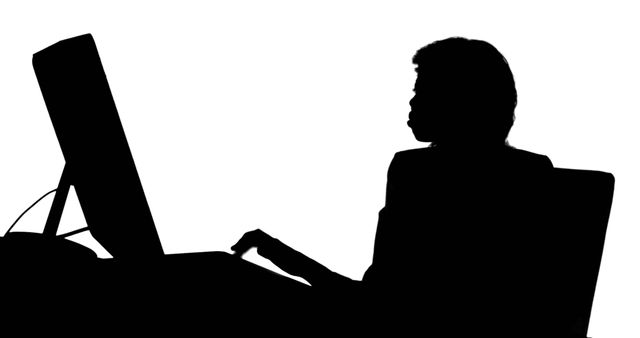 Silhouette of individual actively working on computer, portraying business setting, corporate professionalism, and modern technology. Ideal for use in business articles, professional training materials, technology and work-from-home content.