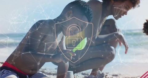 Mother and Son Building Sandcastles Protected by Digital Security Overlay