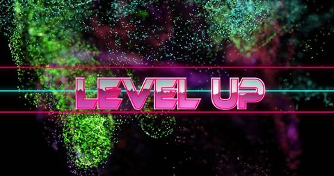 Neon Level Up Text on Digital Wave Background - Download Free Stock Images Pikwizard.com