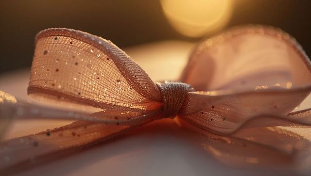 Shimmering Rose Gold Organza Ribbon Bow Glowing in Warm Bokeh Light