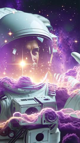 Vertical video: astronaut reacting to purple nebula pulse, drifting, reaching chest module