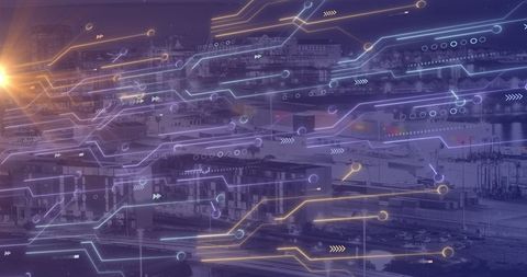 Digital interface overlay on cityscape