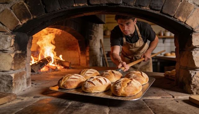 Artisan baker placing golden sourdough loaves into wood-fired oven at rustic bakery hearth