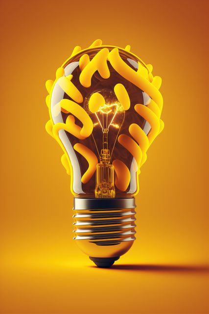 Image of lightbulb with yellow shapes on orange background, created using generative ai technology. Lightbulb, creative and pattern concept, digitally generated image.