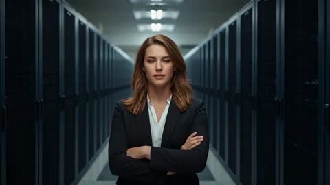 Woman IT Leader Standing with Arms Crossed Blinking as Recording Begins in Server Aisle