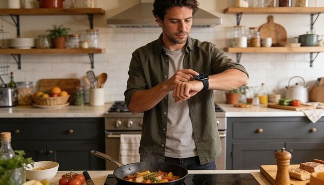 Man checking smartwatch while cooking on stovetop in modern kitchen with fresh ingredients