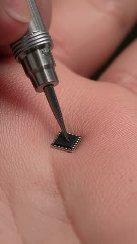 Microchip soldering on palm with precision metal tip, depositing tiny solder, macro vertical video
