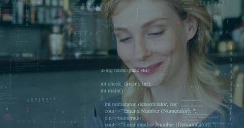 Smiling Woman With Programming Code Overlay In Café