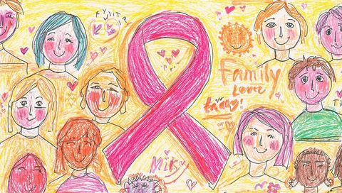 Crayon art emphasizing love and unity with pink awareness ribbon