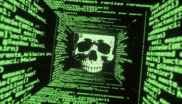 Neon Green Code Tunnel with Looming Skull Graphic Representing Cyber Threat and Malware