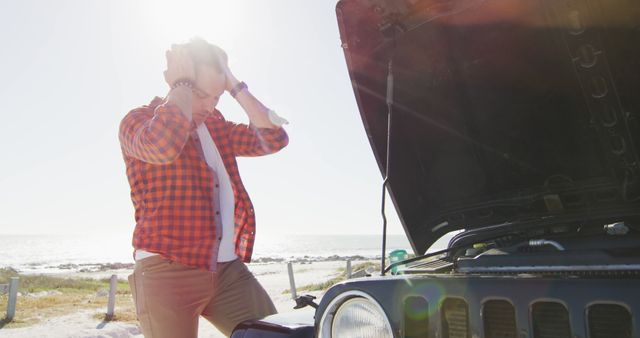 Frustrated Man with Broken Car by Beachside - Download Free Stock Images Pikwizard.com