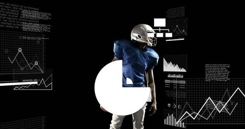 Football player standing holding ball amid digital analytics hud and data charts