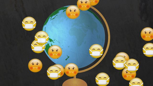 This creative portrayal uses facial expression emojis with masks hovering around a globe, highlighting a global crisis theme. Suitable for articles about technological impacts during global health events or discussions on social media sentiment during worldwide challenges. Perfect for presentations portraying digital or social networking concepts on global scales during crises.