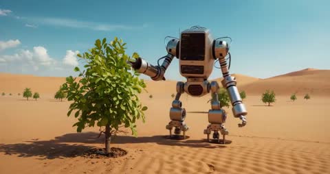 Robot Studying Sapling in Desert, Representing Future Sustainability