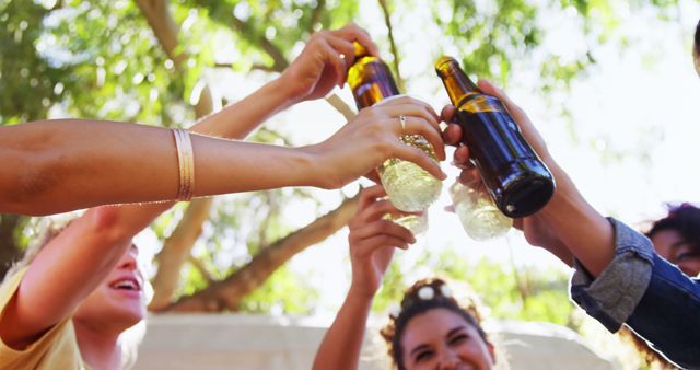 Group of Friends Toasting with Beer Bottles Outdoors - Download Free Stock Images Pikwizard.com