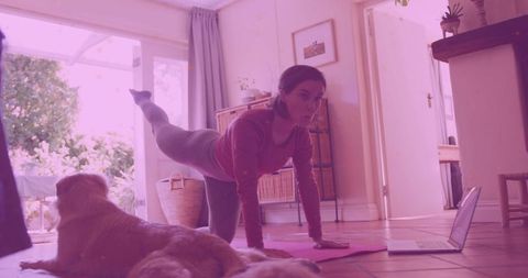 Woman Practicing Yoga with Dog at Home, Embracing Mindful Living