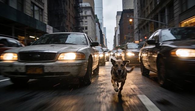 Stray dog running down wet city avenue between speeding cars at dusk cinematic motion