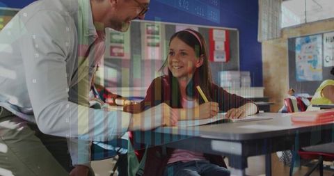 Teacher Leaning Guiding Pupil Writing with Data Analytics Overlay Representing Classroom Progress