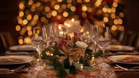 Moving camera forward pulling focus on low floral centerpiece in festive dining room