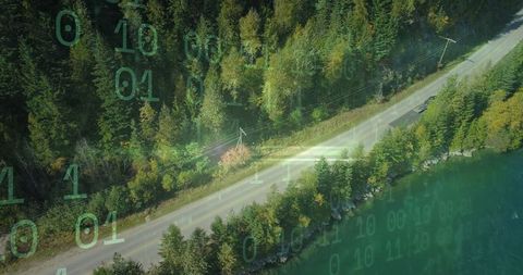 Car Traversing Scenic Forest Highway Featuring Digital Overlay