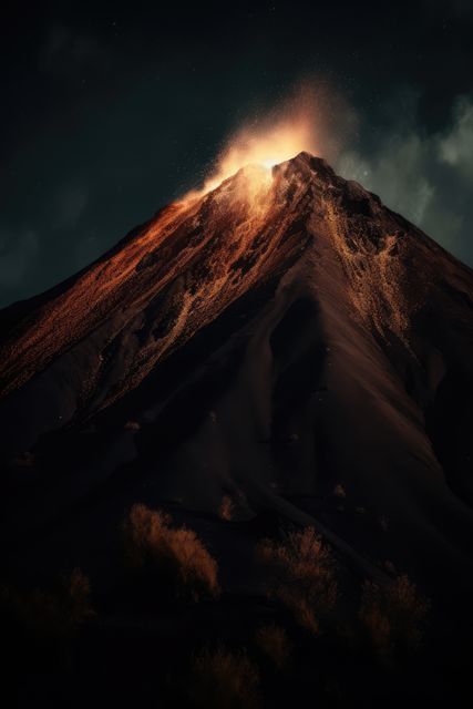 This image depicts a stunning scene of a volcano actively erupting at night. Glowing lava emanates from the top, illuminating the dark sky with its fiery brilliance. Perfect for use in educational materials about geology, illustrations of natural phenomena, travel blogs highlighting volcanic landscapes, or dramatic backgrounds for presentations.