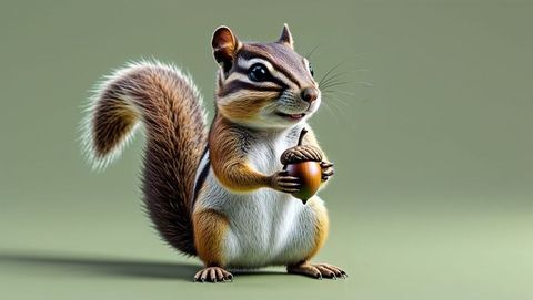 Realistic chipmunk holding acorn on soft green background