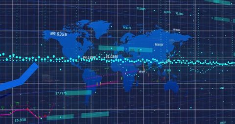 Global Data Visualization Showing Turquoise Trend Line Over Blue World Map and Financial Charts